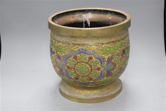 A Chinese champleve enamelled gilt metal jardiniere, height 26cm, diameter 26cm